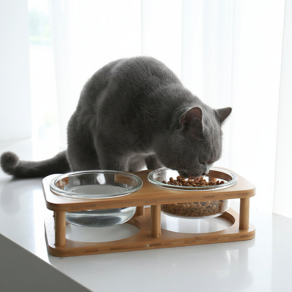 Glas Katzenfutternapf mit Holzständer