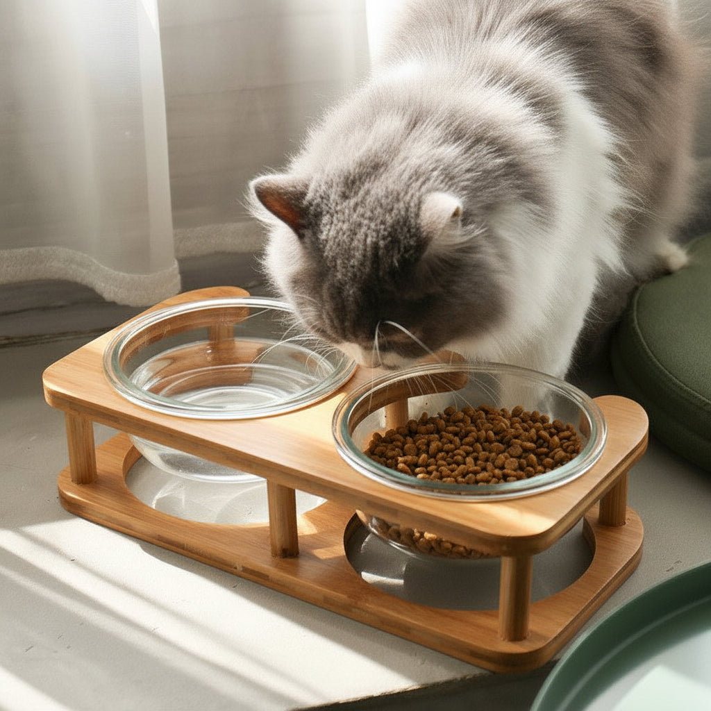 Glas Katzenfutternapf mit Holzständer